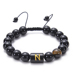 N Natural Black Agate Beaded Bracelet Adjustable Women's Handmade Alphabet Stone Strand Jewelry