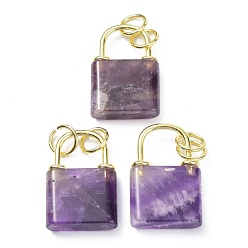 Amethyst Natural Amethyst Pendants, with Golden Brass Findings and Jump Rings, Cadmium Free & Lead Free, Lock, 27x18x5.5mm, Hole: 6mm
