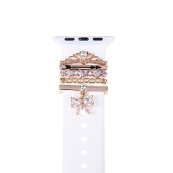 Crown Ensemble de charmes de bracelet de montre en alliage de strass, Boucles d'anneau décoratives pour bracelet de montre, couronne, Diamètre intérieur: 2.05 cm, 5 pièces / kit