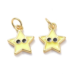 Yellow Real 18K Gold Plated Brass Enamel Charms, with Jump Rings, Long-Lasting Plated, Star with Eye, Yellow, 13x10.5x2mm, Jump Ring: 5x1mm, 3mm Inner Diameter