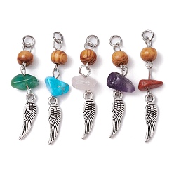 Mixed Stone Gemstone Chip Pendants, Antique Silver Plated Alloy Wing Charms with Natural Wood Beads, Mixed Dyed and Undyed, 38~39x7.5~11x6.5~7mm, Hole: 3.4mm