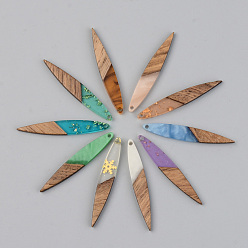 Mixed Color Resin & Walnut Wood Pendants, Leaf, Mixed Color, 43x7x3mm, Hole: 1.6mm