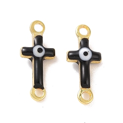 Black Brass Enamel Connector Charms, Real 18K Gold Plated, Religion Cross with Evil Eye Pattern, Black, 5.5x13x3mm, Hole: 1.2mm