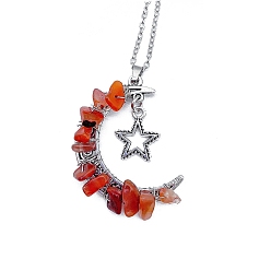 Carnelian Natural Carnelian Chips Moon with Alloy Star Pendant Necklaces, with Stainless Steel Chains, 18.90~19.69 inch(48~50cm)