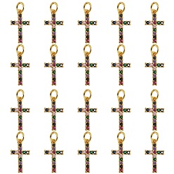Golden 20Pcs Brass Micro Pave Colorful Cubic Zirconia Pendants, Cross, Golden, 16x9x2mm, Hole: 3mm