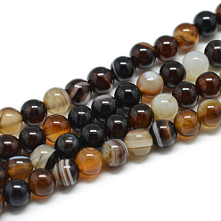 Coconut Brown Natural Striped Agate/Banded Agate Bead Strands, Dyed, Round, Coconut Brown, 8mm, Hole: 1mm, about 48pcs/strand, 15.15 inch