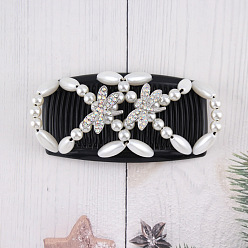 White Wood Hair Bun Maker, Stretch Double Hair Comb, with Plastic Bead and Rhinestone, White, 75x107mm