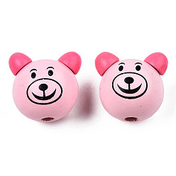 Pink Натуральные деревянные европейские бусины, бусины с большим отверстием, окрашенные, медведь, без свинца, розовые, 26x26x23.5 мм, отверстие : 5 мм