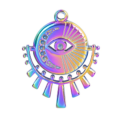 Rainbow Color Stainless Steel Pendants, Flat Round with Evil Eye Charms, Rainbow Color, 25x19mm, Hole: 1.5mm