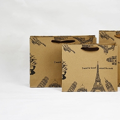 Goldenrod Rectangle Paper Bags, with Handles, for Gift Shopping Bags, Eiffel Tower Pattern, Goldenrod, 7.5x15x20cm