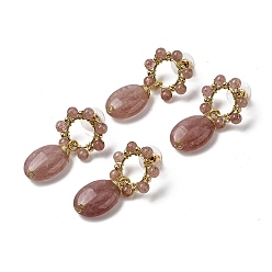 Клубничный Кварц Серьги-гвоздики с натуральным клубничным кварцем, цветок с овальной, с фурнитурой латунной для серег, золотые, стойки покрытие, 40.5~41x21.5 мм