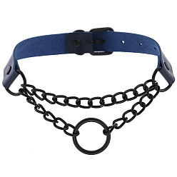 Dark blue (with black circle) Dark Punk Leather Collar Necklace with Round Rings and Chain for Street Style