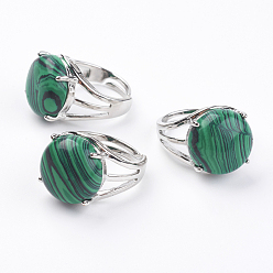 Malachite Adjustable Synthetic Malachite Finger Rings, with Brass Findings, US Size 7 1/4(17.5mm)