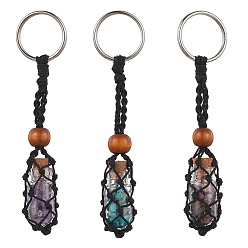 Mixed Stone Natural & Synthetic Gemstone Wishing Bottle Keychain, Nylon Cord Macrame Pouch Stone Holder, with Iron Split Key Rings and Wood Bead, 10.5cm