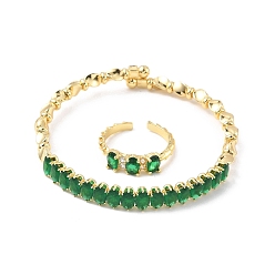 Морско-зеленый Овальные латунные браслеты-манжеты и кольца с микропаве из кубического циркония для женщин, стойки покрытие, реальный 18 k позолоченный, цвета морской волны, браслет: 7ширина мм, внутренний диаметр: 59.5x55 мм