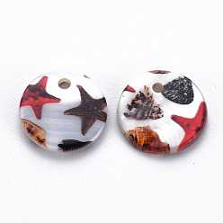 Colorful Printed Freshwater Shell Charms, Flat Round with Starfish Pattern, Colorful, 12.5x1~2.5mm, Hole: 1.4~1.6mm