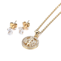 Golden 304 Stainless Steel Rhinestone Jewelry Sets, Flat Round with Tree of Life Pendant Necklaces and Stud Earrings, Cable Chains, Lobster Claw Clasps and Ear Nuts, Crystal, Golden, 18.11 inch(46cm), 15x5.5mm, Pin: 0.7mm