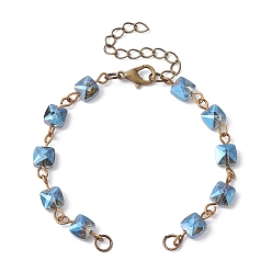 Dodger Blue Square Faceted Glass Beaded Link Chain Bracelet Making, with Lobster Claw Clasp, Fit for Connector Charms, Dodger Blue, 6-1/4~6-3/8 inch(15.8~16.2cm)