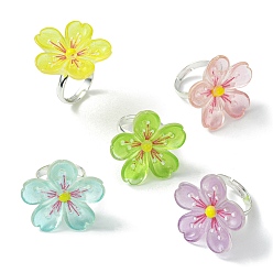 Mixed Color Luminous Glow in the Dark Flower Resin Finger Ring, Silver Brass Adjustable Ring, Mixed Color, Inner Diameter: 14.5mm