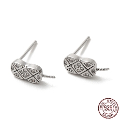 Real Platinum Plated Rhodium Plated 925 Sterling Silver Micro Pave Cubic Zirconia Stud Earring Findings, for Half Drilled Beads, Oval, with S925 Stamp, Real Platinum Plated, 12x4.5mm, Pin: 0.9mm and 11x0.9mm