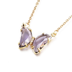 Purple Brass Micro Pave Clear Cubic Zirconia Pendant Necklaces, with Glass and 304 Stainless Steel Cable Chains, Butterfly, Golden, Purple, 20.35 inch(51.7cm)