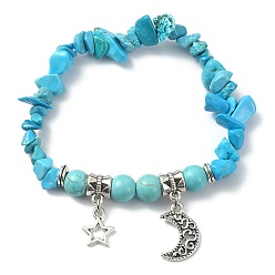 Synthetic Turquoise Synthetic Turquoise Chips Stretch Bracelet, Moon & Star Alloy Charms Adjustable Bracelet for Women, Inner Diameter: 2-1/4 inch(5.7cm)