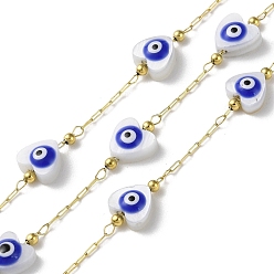 Real 18K Gold Plated Ion Plating(IP) 316 Stainless Steel Satellite Chains, with Heart with Evil Eye Natural White Shell Enamel Beaded, with Spool, Soldered, Real 18K Gold Plated, 6.5x6.5x3.5mm