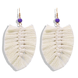 Off-white tassels Boho Tassel Earrings with Handmade Knitted Thread and Alloy Accents