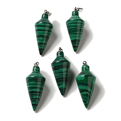 Малахит Синтетического малахита подвески, Подвески-конусы с решетчатым покрытием, латунные защелки с платиновым покрытием, на дужках, 36~36.5x15~15.5 мм, отверстие : 5~6.5x2 мм