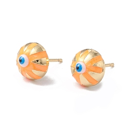 Orange Enamel Half Round with Evil Eye Stud Earrings, Real 18K Gold Plated Brass Jewelry for Women, Orange, 6x10x6mm, Pin: 1mm