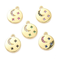 Mixed Color Brass Micro Pave Cubic Zirconia Pendants, Flat Round with Moon & Star, Mixed Color, 11.5x9.5x1.5mm, Hole: 1mm