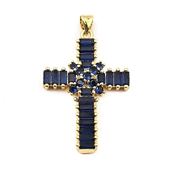 Blue Rack Plating Real 18K Gold Plated Brass Pendants, with Cubic Zirconia, Long-Lasting Plated, Lead Free & Cadmium Free, Cross, Blue, 35x23.5x5mm, Hole: 5X3.5mm