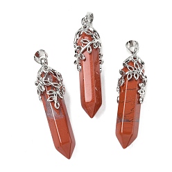 Красный Камень Природные красной яшмы подвески, пулевые чары, с латунной отделкой в виде листа, без кадмия и без свинца, 44~46x11.5~12x12 мм, отверстие : 8x5 мм