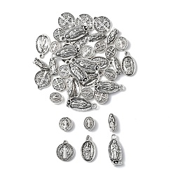 Antique Silver 60Pcs 6 Style Tibetan Style Alloy Beads and Pendants, with Jesus and Latin Cross, For Easter, Antique Silver, 10~22x6~13x1.5~4mm, Hole: 1~1.8mm, 10pcs/style