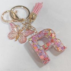Letter R Acrylic and Resin Keychain, with Tassel, Alloy Rings, Butterfly, Letter R, 10cm, Pendant: 23~43mm
