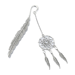 Antique Silver Tibetan Style Alloy Feather Bookmarks, Woven Net/Web Pendant Bookmark with Long Chain, Antique Silver, 11.55cm
