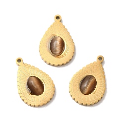 Golden Ion Plating(IP) 304 Stainless Steel Pendants, with Cat Eye, Teardrop Charm, Golden, 21x13.5x4mm, Hole: 1.4mm