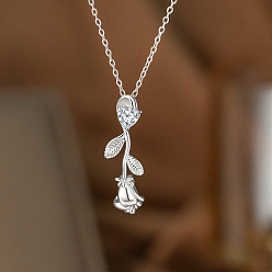 Прозрачный Подвеска в виде розы из латуни с прозрачными кубическими циркониями ко Дню святого Валентина 304 Цепочка из нержавеющей стали для женщин, платины и нержавеющая сталь цвет, прозрачные, 15.75 дюйм (40 см)