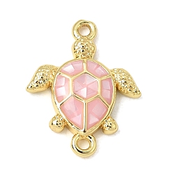 Pink Латунные и натуральные подвески-коннекторы из ракушек, ссылка на черепаху, с эмалью, без кадмия и без свинца, стойки покрытие, долговечный, реальный 18 k позолоченный, розовые, 16x13x3 мм, отверстие : 1.2 мм