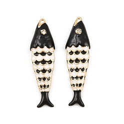 Black Brass Enamel Pendants, Fish Charms, with Rhinestone, Real 18K Gold Plated, Black, 29x8x4.5mm, Hole: 0.8mm