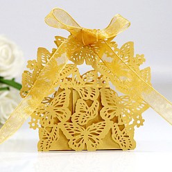 Gold Creative Folding Wedding Candy Cardboard Boxes, Small Paper Gift Boxes, Hollow Butterfly with Ribbon, Gold, Fold: 6.3x4x4cm