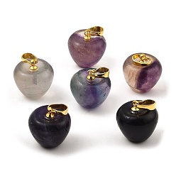 Fluorite Natural  Fluorite Teacher Apple Charms, with Golden Plated Brass Snap on Bails, 14.5x14mm, Hole: 6.5x4mm