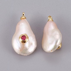 Hot Pink Natural Cultured Freshwater Pearl Pendants, with Brass Micro Pave Cubic Zirconia Cabochons, Long-Lasting Plated, Real 18K Gold Plated, Hot Pink, 16~22.5x10~14mm, Hole: 1.4mm