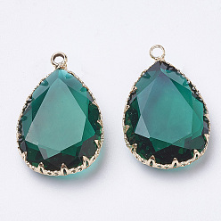 чирок K 9 стеклянные подвески, с фурнитурой латунной золотого тона, граненые, слеза, зелено-синие, 29~30x19x6~8.5 мм, отверстие : 2 мм