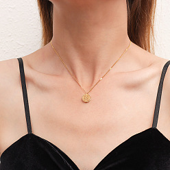 P979 - Golden Necklace 40+5cm Zircon Pendant Necklace with Double-sided Round Pendant - Titanium Steel, 18k Gold