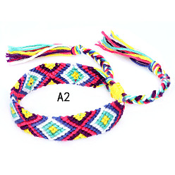 Aqua Cotton Braided Rhombus Pattern Cord Bracelet, Ethnic Tribal Adjustable Brazilian Bracelet for Women, Aqua, 5-7/8~14-1/8 inch(15~36cm)