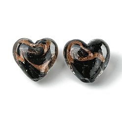 Black Handmade Gold Sand Lampwork Beads, Inner Flower, Heart, Black, 21x20.5x13.5mm, Hole: 1.8mm