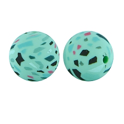 Turquoise Round with Wave Point Print Pattern Food Grade Silicone Beads, Silicone Teething Beads, Turquoise, 15mm