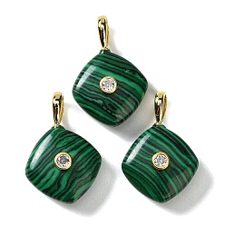 Malachite Synthetic Malachite Pendants, with Golden Brass Micro Pave Clear Cubic Zirconia Findings, Rhombus Charm, 30~30.5x20.5~21x9~10mm, Hole: 5.5~6x4mm