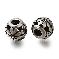Античное Серебро 304 из нержавеющей стали европейские шарики, бусины с большим отверстием, RONDELLE с цветком, античное серебро, 10.5x10 мм, отверстие : 4 мм